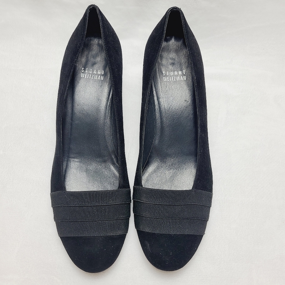 STUART WEITZMAN black suede with fabric accent wedge pumps - Picture 2 of 8
